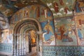 Beautiful Christian Church in Russia, interior decoration, wooden decor and frescoes, painting, art