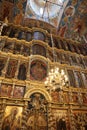 Beautiful Christian Church in Russia, interior decoration, wooden decor and frescoes, painting, art