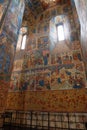 Beautiful Christian Church in Russia, interior decoration, wooden decor and frescoes, painting, art