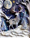 Beautiful Christmas Background with a Reindeer in a Snow Covered Pine Trees Forest, Snowflakes, Full Moon and Glowing Stars Royalty Free Stock Photo