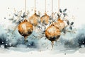 beautiful christmas background with vintage balls, in the style of a watercolor drawing. Beautiful blue and gold balls Royalty Free Stock Photo