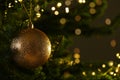 Beautiful Christmas ball hanging on fir tree branch against dark background, closeup. Space for text Royalty Free Stock Photo
