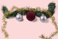 Beautiful Christmas balls decorations isolated on pink background.  Postcard. Royalty Free Stock Photo