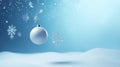 Beautiful Christmas bauble hanging on the background with snow sparkles. Xmas wither holiday card with glass ball