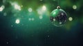 Beautiful Christmas bauble hanging on the background with snow sparkles. Xmas wither holiday card with glass ball