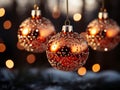 Beautiful Christmas baubles on blurred lights background, closeup. Royalty Free Stock Photo