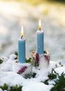 Beautiful Christmas candle holders made of ice, pink calluna blossom branches with burning blue candles in the snow covered garen. Royalty Free Stock Photo