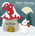 Beautiful Christmas card with gome house and rabbit. Flat design. Vector