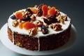 Beautiful Christmas carrot cake with fruit nuts and cream