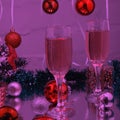 Beautiful Christmas, Christmas background: Christmas tree, lights, champagne snowflakes. Royalty Free Stock Photo