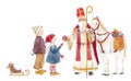 Beautiful christmas compositionwith cute hand drawn watercolor children with sledge and Saint Nicolas with white horse