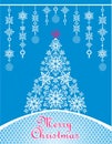 Beautiful Christmas craft blue greeting card with hanging decoration and Xmas tree with handmade paper cutting snowflakes Royalty Free Stock Photo