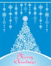 Beautiful Christmas craft greeting card with hanging lacy decoration and Xmas tree with handmade paper cutting snowflakes Royalty Free Stock Photo