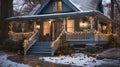 Quaint Christmas Decorated Front Door and Porch of A House on A Winter Evening Royalty Free Stock Photo