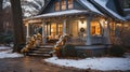 Pretty Christmas Decorated Front Door and Porch of A House on A Winter Evening Royalty Free Stock Photo