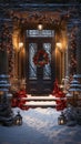 Wreath and Christmas Decorations on a Front Door and Porch of A House on A Winter EveningOrnaments Royalty Free Stock Photo