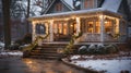 Adorable Christmas Decorated Front Door and Porch of A House on A Winter Evening Royalty Free Stock Photo