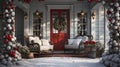 Cozy Christmas Decorated Front Door and Porch of A House on A Winter Evening Royalty Free Stock Photo