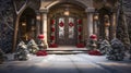 Exquisite Christmas Decorated Front Door and Porch of A House on A Winter Evening