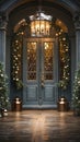 Regal Christmas Decorated Front Door and Porch of A House on A Winter Evening Royalty Free Stock Photo