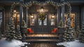 Fancy Christmas Decorated Front Door and Porch of A House on A Winter Evening Royalty Free Stock Photo