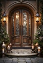 Ornate Arched Front Door and Porch of A House on A Winter Evening Royalty Free Stock Photo