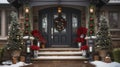 Red Christmas Poinsettias Decorated Front Door and Porch of A House on A Winter Evenin Royalty Free Stock Photo