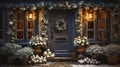 Lush Christmas Decorated Front Door and Porch of A House on A Winter Evening Royalty Free Stock Photo