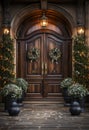 Majestic Christmas Decorated Front Door and Porch of A House on A Winter Evening Royalty Free Stock Photo