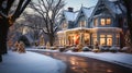 Christmas Time Home Decorated with Twinkling Lights on A Winter Evening