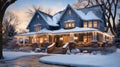 Snowy House Decorated with Holiday Lights on A Winter Evening