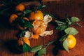 Beautiful Christmas decoration with tangerines in the night light garlands. Citrus still life. The symbol of the new year Royalty Free Stock Photo