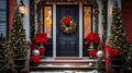 Beautiful Christmas decorations on the front door of a house decorated for Christmas Royalty Free Stock Photo