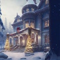 Beautiful Christmas Decorations on a House Surrounded by Tall Snow Covered Pine Trees and Magical Light Particles in the Air