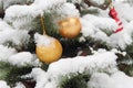 beautiful Christmas decorations on a tree in the snow