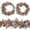 Vector Christmas decorative set with wreath and seamless border. Vine and pine branches, berries, ilex, cedar cones, and Royalty Free Stock Photo