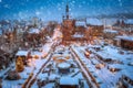 Beautiful Christmas fair in the old town of Gdansk at snowy dawn, Poland