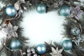 Beautiful Christmas frame in art processing with blue and silver toys on a blue background. Royalty Free Stock Photo