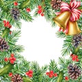 Beautiful Christmas frame with watercolor branches of holly, pinÃÆ and bells on white background