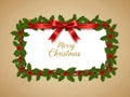 A beautiful christmas greeting card frame with holly leaves and red ribbon Royalty Free Stock Photo