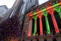 New York, NY, USA - December 10, 2018:  Beautiful Christmas holiday tree in front of New York Stock Exchange building Royalty Free Stock Photo