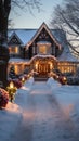 Beautiful christmas house in snowy forest at night. Christmas holiday concept .