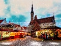 Beautiful Christmas marketplace In Tallinn old town square panorama , full moon on night sky , tree light decoration , new year