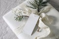 Beautiful Christmas present. Blank gift tag, label mockup. Handmade gift wrapping with cotton paper, pine tree branches