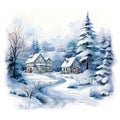 Beautiful Christmas scene with decorated house and snowy trees. Watercolor image. Generative AI