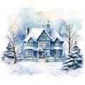 Beautiful Christmas scene with decorated house and snowy trees. Watercolor image. Generative AI