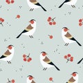 Beautiful Christmas seamless pattern with European goldfinch birds and rowan berries. Cute Scandinavian winter design