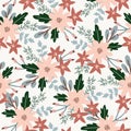 Beautiful Christmas seamless pattern. Poinsettia flowers, pink berries, fir tree branches and eucalyptus. White vector Royalty Free Stock Photo