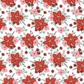 Beautiful Christmas seamless pattern with poinsettia flowers, red berries, fir tree branches on white background. Winter Royalty Free Stock Photo