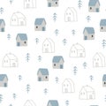 Beautiful Christmas seamless pattern. Winter snowy woodland landscape with line houses and fir trees isolated on white